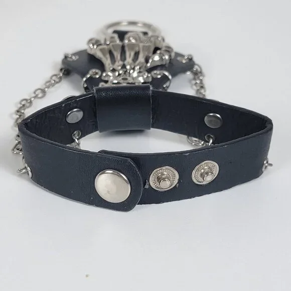 Black Faux Leather Silver Tone Skeleton Hand Slave Bracelet Punk Halloween Goth - Picture 2 of 9
